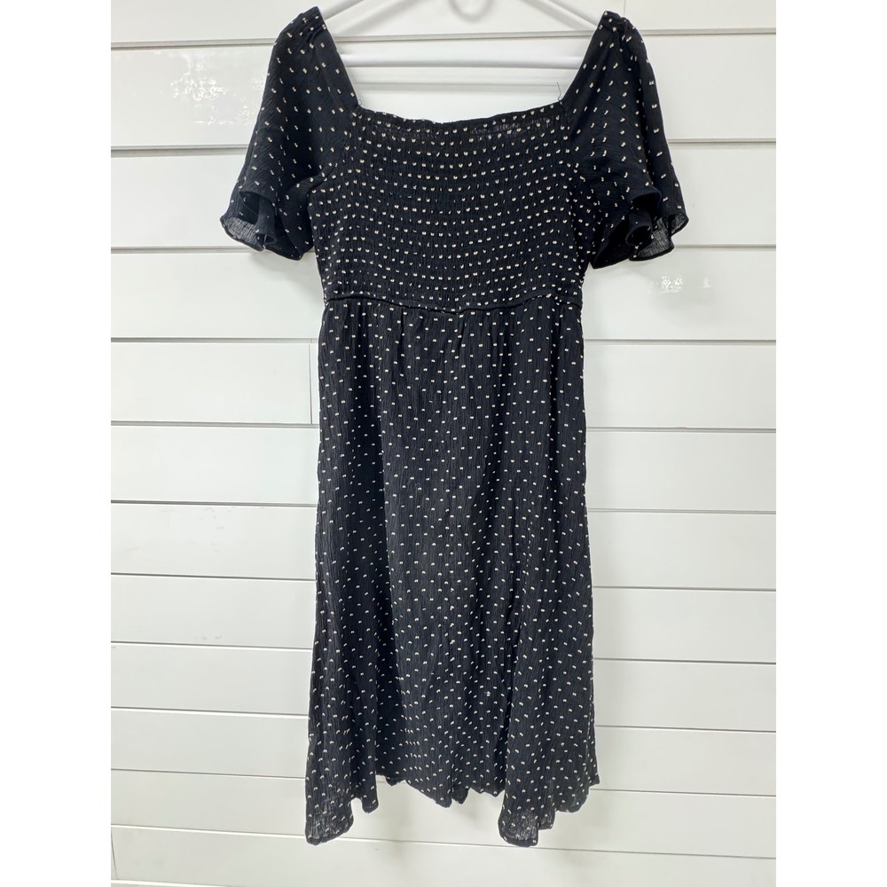 Ott Black Polka Dot Smocked Mini Dress Flutter Sleeve Cottagecore Square Neck - Picture 2 of 7